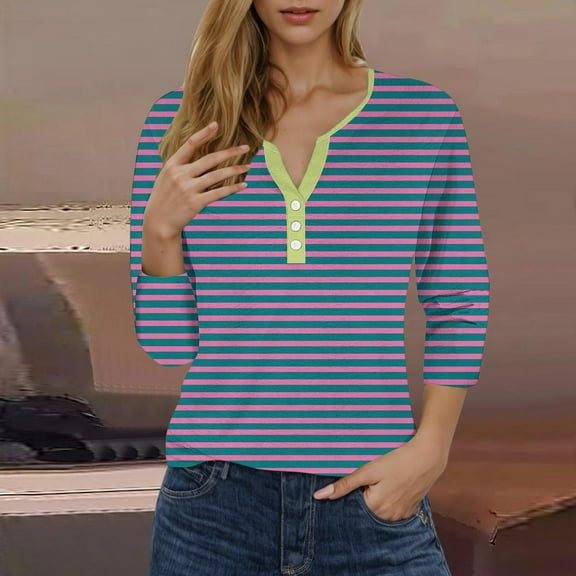 Sevevn Women's Fashion Stripe Printed Short 3/4 Sleeve Button Loose Blouse V-Neck Casual Tops Blue S Great Gifts for Less