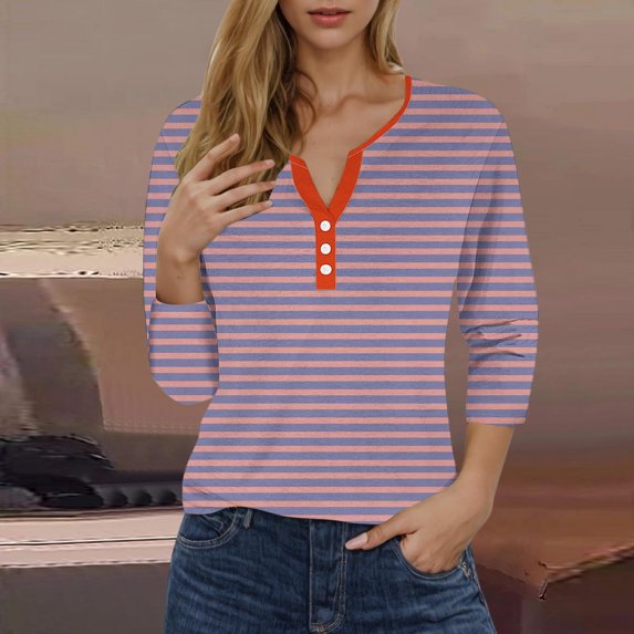 Sevevn Women's Fashion Stripe Printed Short 3/4 Sleeve Button Loose Blouse V-Neck Casual Tops Pink XL Early Access Deals
