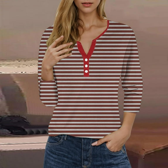 Sevevn Women's Fashion Stripe Printed Short 3/4 Sleeve Button Loose Blouse V-Neck Casual Tops Watermelon Red L End of Year Clearance