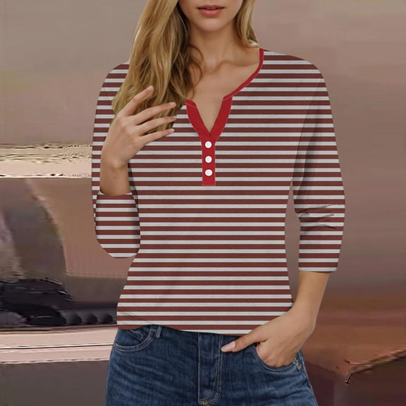 Sevevn Women's Fashion Stripe Printed Short 3/4 Sleeve Button Loose Blouse V-Neck Casual Tops Watermelon Red S Christmas Gift