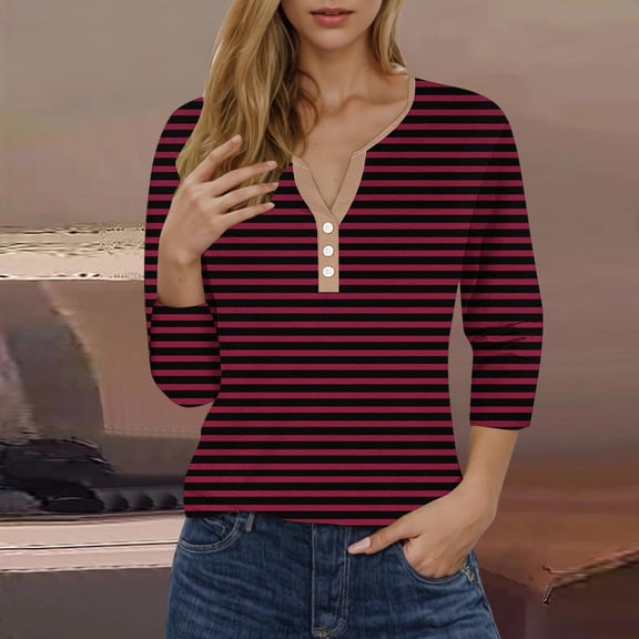 Sevevn Women's Fashion Stripe Printed Short 3/4 Sleeve Button Loose Blouse V-Neck Casual Tops Wine M Rollbacks