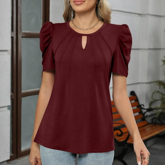 Sevevn Women's Fashion Summer Solid Color Round-Neck Short Sleeve Blouses Top Wine XXL Great Gifts for Less