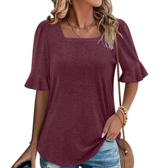 Sevevn Women's Fashion Summer Solid Color Short Sleeve Round-Neck Blouses Wine XL Clearance Sales Online Deals