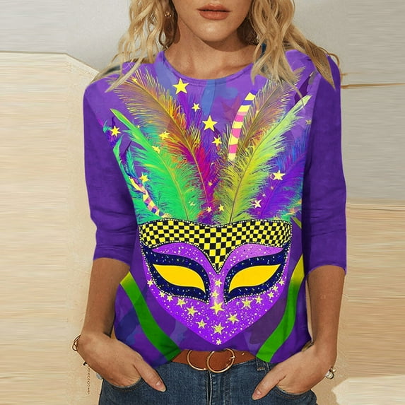 Sevevn Women's Fashion Three Quarter Sleeve Round Neck Easter Printed Loose Tops Blouse Purple XXXXXL Christmas Deals