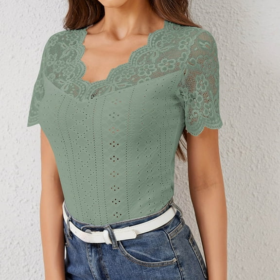Sevevn Women's Fashion V-Neck Lace Solid Color Short Sleeve Blouses Tops Army Green L Family Gifts