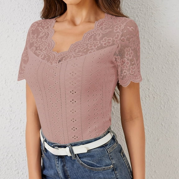 Sevevn Women's Fashion V-Neck Lace Solid Color Short Sleeve Blouses Tops Rose Gold XL Holiday Gift Finder
