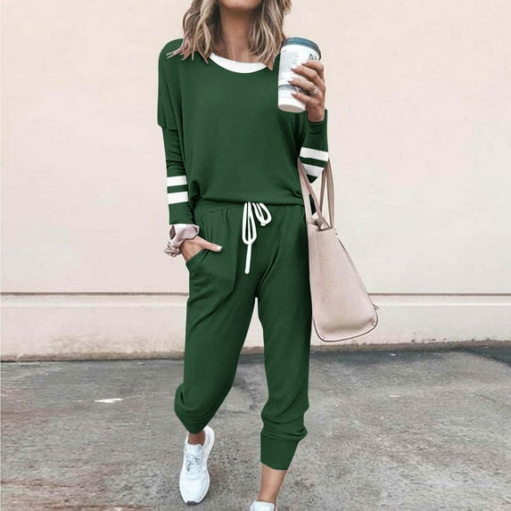 Sevevn Women's Fashionable Loose Printed Long Sleeved Round Neck Drawstring Casual Set Army Green M Holiday Gift Finder
