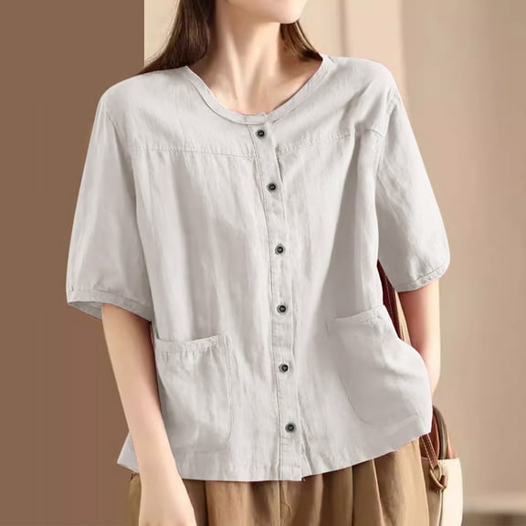 Sevevn Women's Fashionable Retro Embroidered Round Neck Five Quarter Sleeved Short Sleeved Blouse Deal of the Week White M