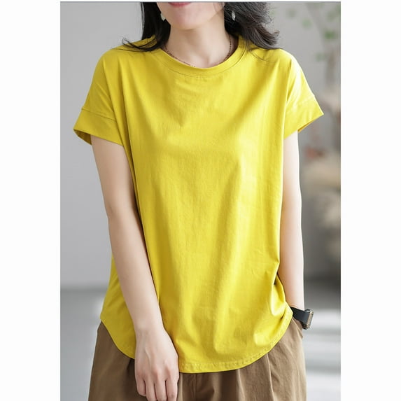 Sevevn Women's Fashionable Retro Embroidered Round Neck Five Quarter Sleeved Short Sleeved Blouse Early Access Deals Yellow M