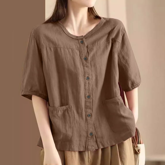 Sevevn Women's Fashionable Retro Embroidered Round Neck Five Quarter Sleeved Short Sleeved Blouse End of Year Clearance Khaki L