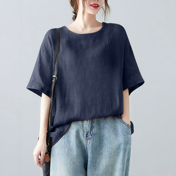 Sevevn Women's Fashionable Retro Embroidered Round Neck Five Quarter Sleeved Short Sleeved Blouse Gift for Girls Navy XXL