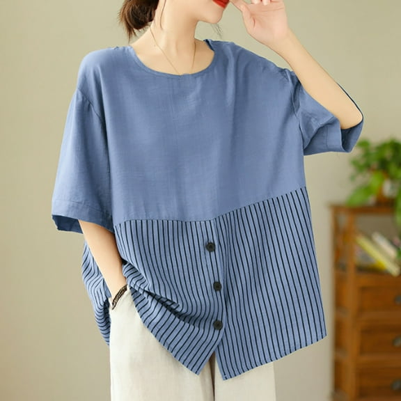 Sevevn Women's Fashionable Retro Embroidered Round Neck Five Quarter Sleeved Short Sleeved Blouse Rollbacks Blue XL