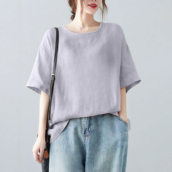 Sevevn Women's Fashionable Retro Embroidered Round Neck Five Quarter Sleeved Short Sleeved Blouse Rollbacks Gray XXXXL