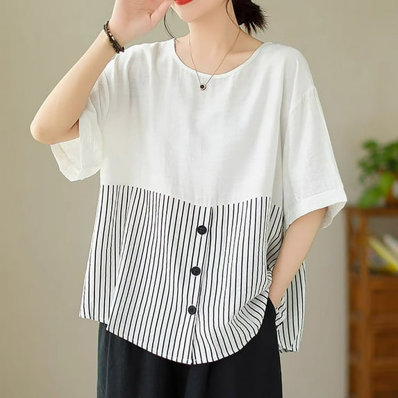 Sevevn Women's Fashionable Retro Embroidered Round Neck Five Quarter Sleeved Short Sleeved Blouse Rollbacks White XXL