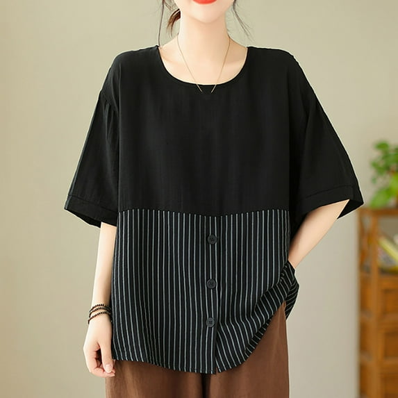 Sevevn Women's Fashionable Retro Embroidered Round Neck Five Quarter Sleeved Short Sleeved Blouse Savings Up to 30% Off Black XXXL