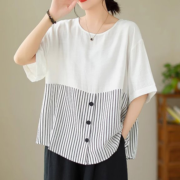 Sevevn Women's Fashionable Retro Embroidered Round Neck Five Quarter Sleeved Short Sleeved Blouse Spring Tops for Women White XL