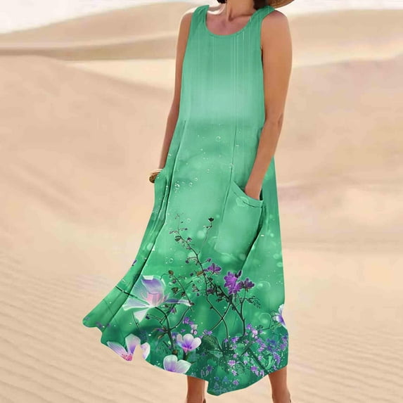 Sevevn Women's Fashionable Sleeveless And Linen Round Neck Printed Long Dress Army Green L Spring Tops for Women