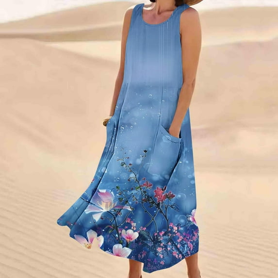 Sevevn Women's Fashionable Sleeveless And Linen Round Neck Printed Long Dress Blue M Savings Up to 30% Off