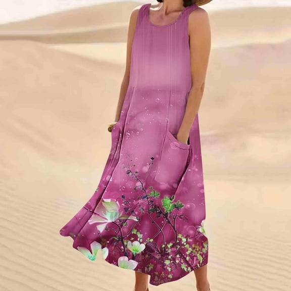 Sevevn Women's Fashionable Sleeveless And Linen Round Neck Printed Long Dress Hot Pink L Gift for Adults