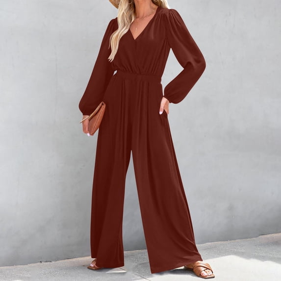 Sevevn Women's Fashionable Solid Color Long Sleeved V-neck Pleated Jumpsuit Pants Wine S Clearance Sales Online Deals