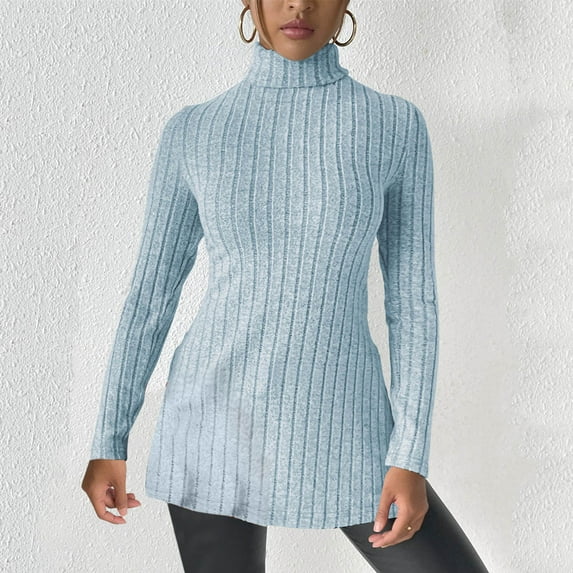 Sevevn Women's Fashionable Turtleneck Sweater Slim Waist Lower Slit Long Sleeve Sweater Long Sleeve Turtleneck Top Sky Blue XL Great Gifts for Less