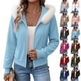 thumbnail image 1 of Sevevn Women's Faux Fur Trim Hooded Zip Up Jacket Cropped Long Sleeve Soft Fleece Hoodie Coat Casual Lightweight Outerwear Sky Blue S, 1 of 9