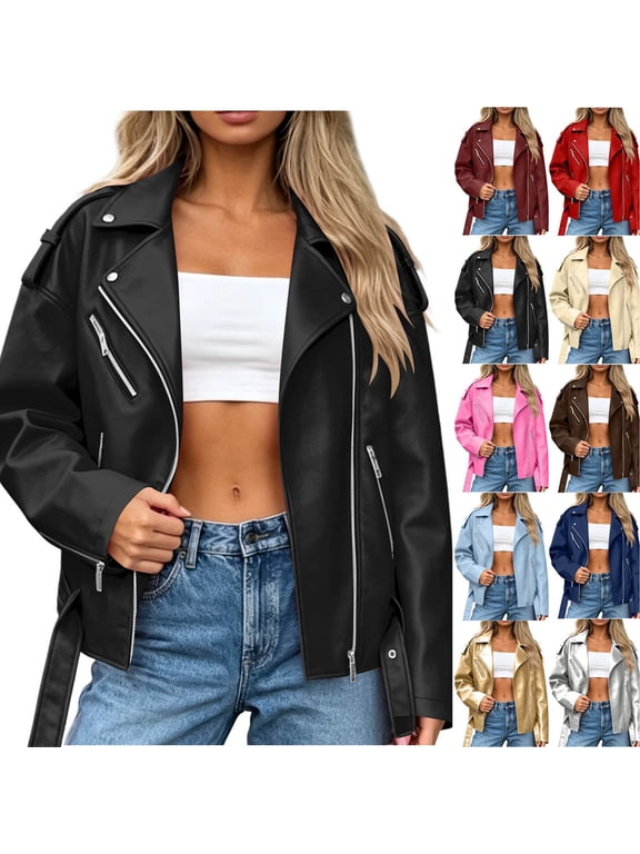 Women's Faux Leather Jacket Lapel Zip Long Sleeve Oversized Coat with Belt Black L