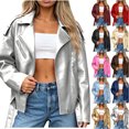 thumbnail image 1 of Sevevn Women's Faux Leather Jacket Lapel Zip Long Sleeve Oversized Coat with Belt Silver M, 1 of 5