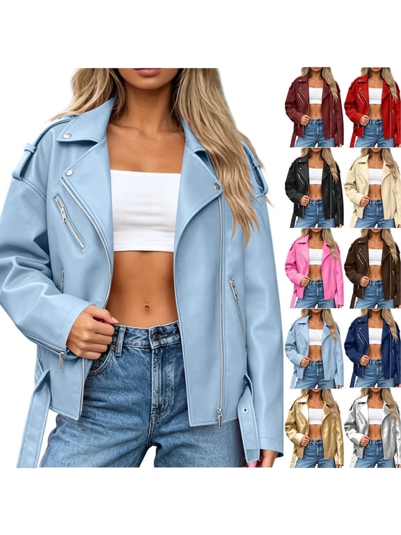 Women's Faux Leather Jacket Lapel Zip Long Sleeve Oversized Coat with Belt Sky Blue 3XL