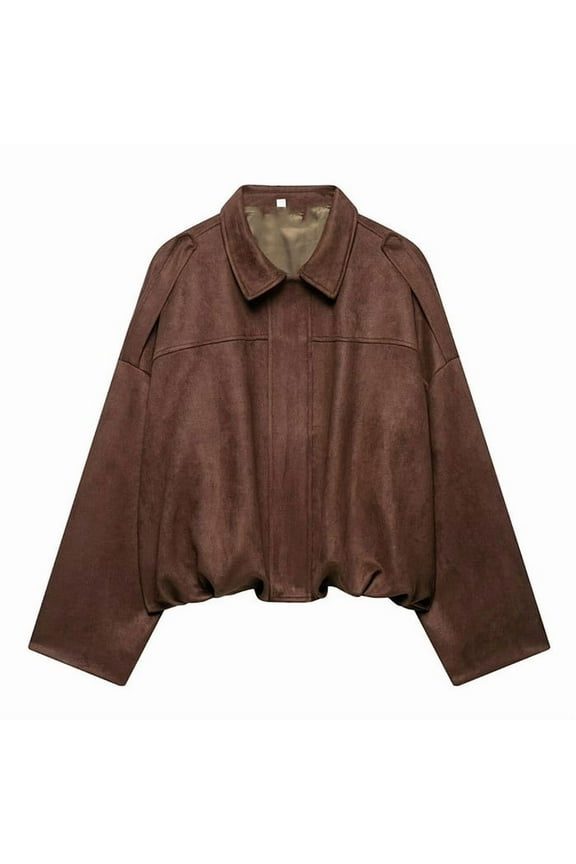 Women's Faux Suede Bomber Jacket Spring Lapel Coat Casual Oversized Long Sleeves Trendy Streetwear Outerwear