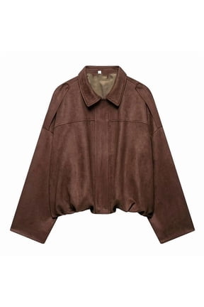 Women's Faux Suede Bomber Jacket Spring Lapel Coat Casual Oversized Long Sleeves Trendy Streetwear Outerwear