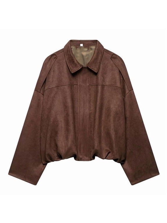 Women's Faux Suede Bomber Jacket Spring Lapel Coat Casual Oversized Long Sleeves Trendy Streetwear Outerwear