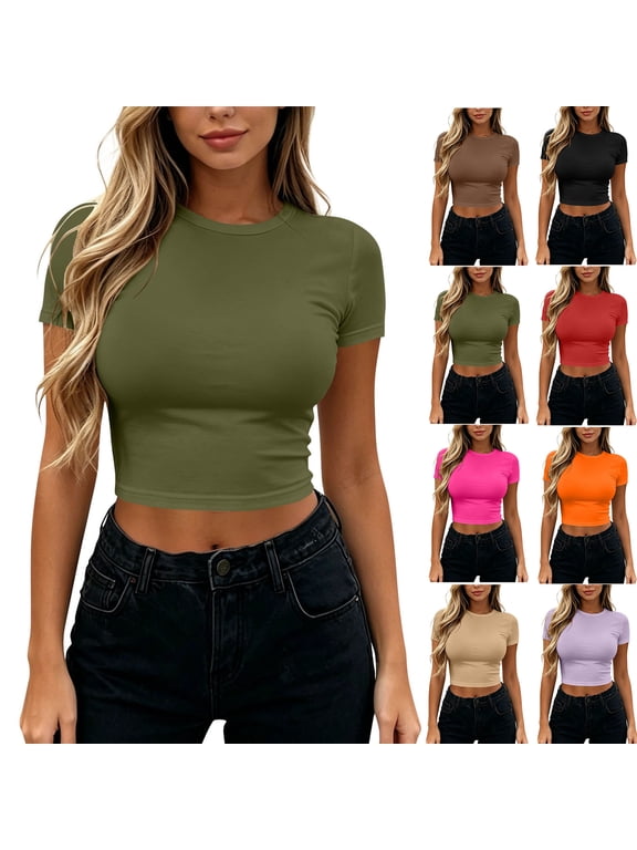 Women's Fitted Crop Top Crew Neck Short Sleeve Stretchy Basic T-Shirt Army Green L
