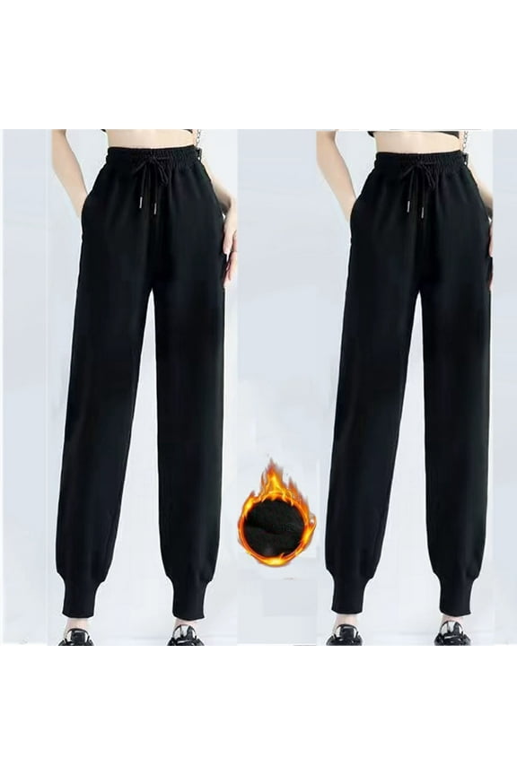 Women's Flannel Two Warm Non Fading Non Pilling Casual Sports Drawstring Pocket Ankle Pants Black XXXXL Rollbacks
