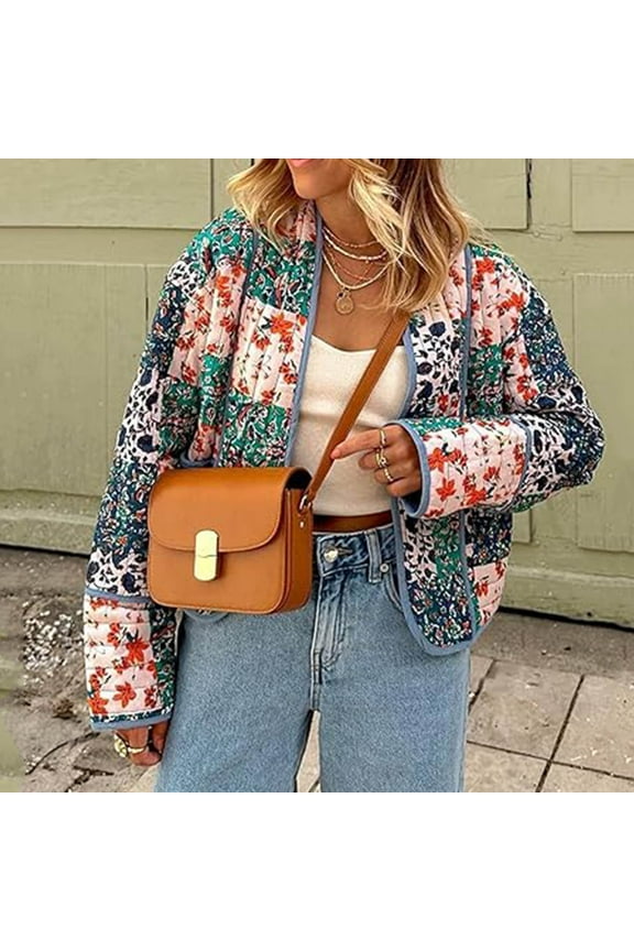 Women's Floral Quilted Jackets Cropped Reversible Open Front Lightweight Short Padded Puffer Coat On Clearance