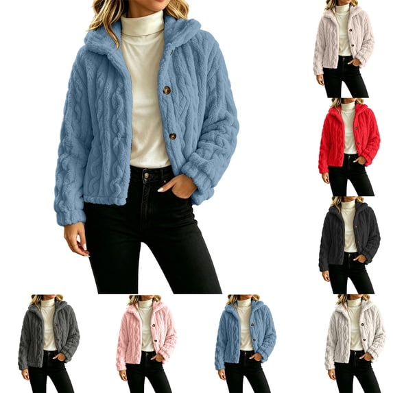 Sevevn Women's Fuzzy Fleece Cropped Jacket Stand Collar Button Down Long Sleeve Warm Sherpa Short Coat Blue XXL