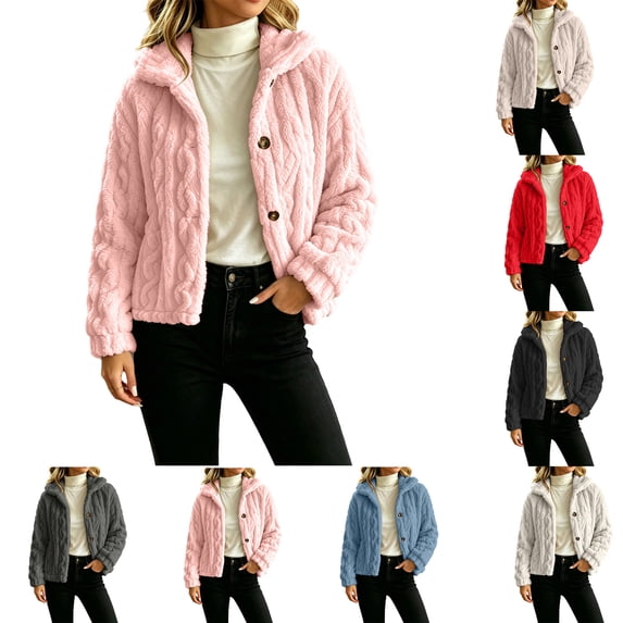 Sevevn Women's Fuzzy Fleece Cropped Jacket Stand Collar Button Down Long Sleeve Warm Sherpa Short Coat Pink L