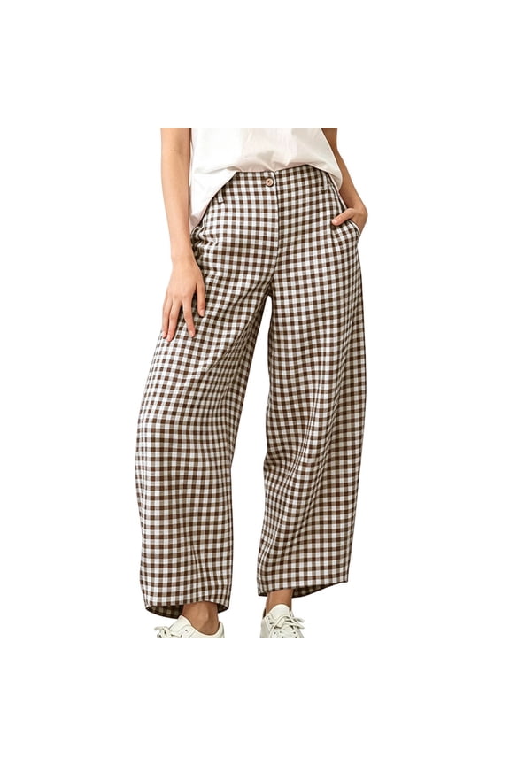 Women's Gingham Check Wide Leg Cropped Casual Pants Mid Waist Button Design With Side Pockets For Cozy Fall Daily Wear