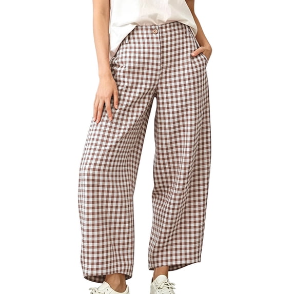 Sevevn Women's Gingham Check Wide Leg Cropped Casual Pants Mid Waist Button Design With Side Pockets For Cozy Fall Daily Wear