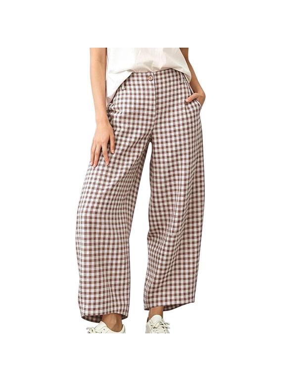 Women's Gingham Check Wide Leg Cropped Casual Pants Mid Waist Button Design With Side Pockets For Cozy Fall Daily Wear