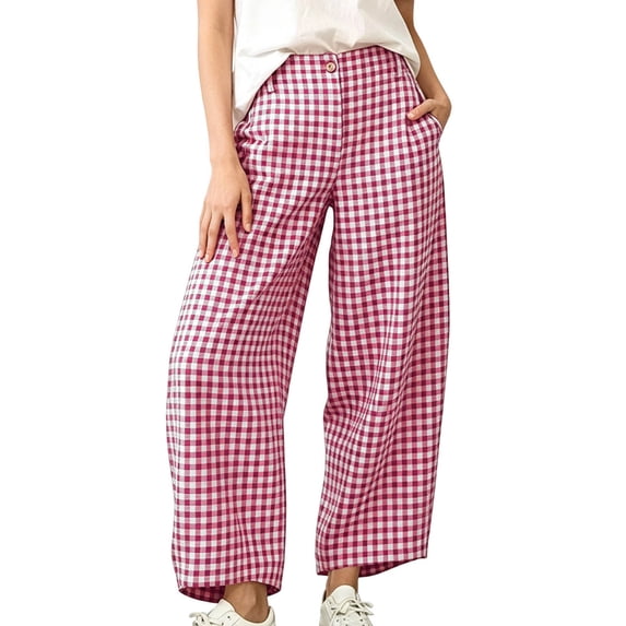 Sevevn Women's Gingham Check Wide Leg Cropped Casual Pants Mid Waist Button Design With Side Pockets For Cozy Fall Daily Wear