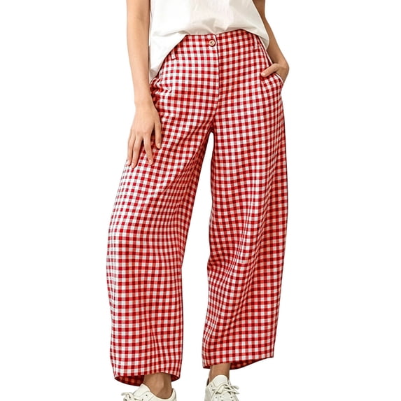 Sevevn Women's Gingham Check Wide Leg Cropped Casual Pants Mid Waist Button Design With Side Pockets For Cozy Fall Daily Wear