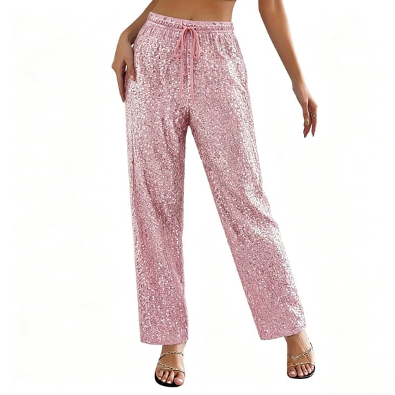 Sevevn Women's Glitter Sequin Straight Wide Leg Casual Pants Elastic Drawstring High Waist Trousers with Pockets Multi-Occasion Party Night Out Wear