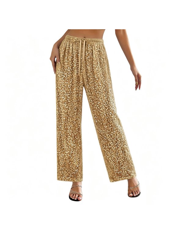 Women's Glitter Sequin Straight Wide Leg Casual Pants Elastic Drawstring High Waist Trousers with Pockets Multi-Occasion Party Night Out Wear