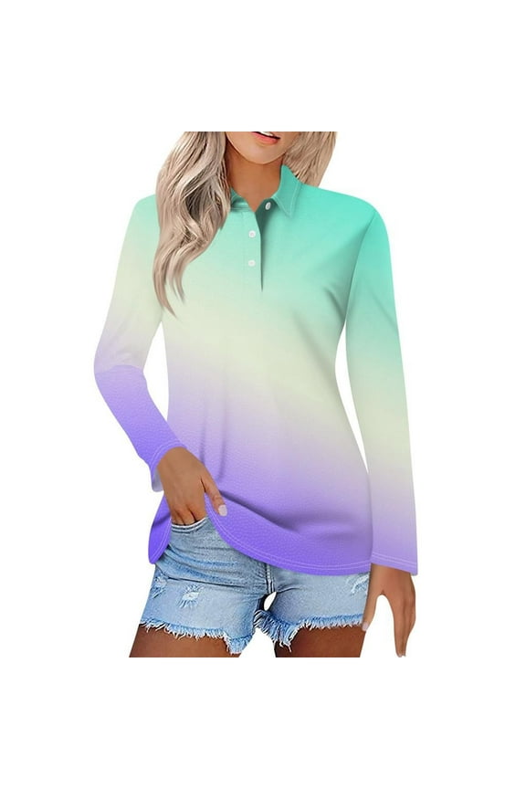 Women's Gradient Casual Long Sleeved Button Up Collar Shirt Fashionable Blouse Tops Light Blue XXL Deal of the Week