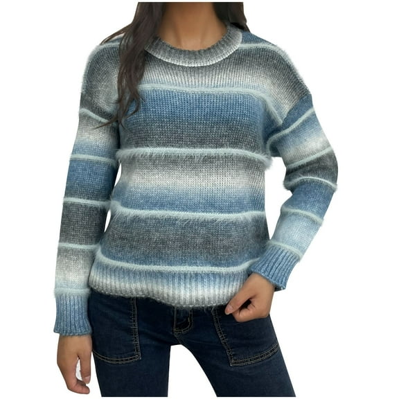 Sevevn Women's Gradient Contrasting Striped Short Sweater Pullover Loose Long Sleeve Knitted Sweater