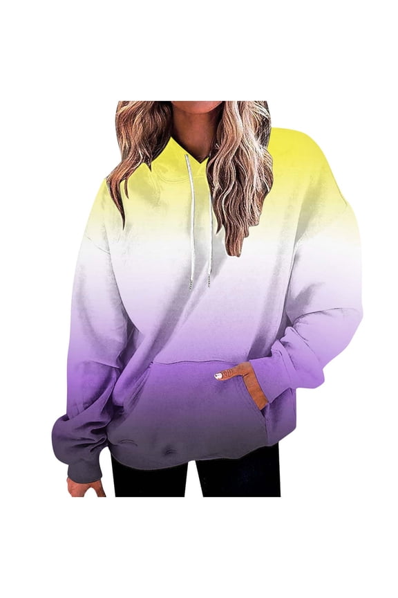 Women's Gradient Loose Long Sleeve Hoodie Sweater Top Yellow XL Holiday Gift Finder