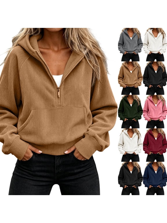 Women's Half Zip Hoodie Cropped Sweatshirt Long Sleeve Activewear Workout Causal Pullover Top with Pocket Brown S