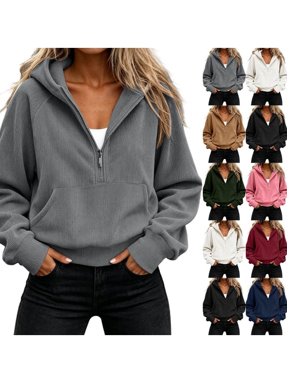 Women's Half Zip Hoodie Cropped Sweatshirt Long Sleeve Activewear Workout Causal Pullover Top with Pocket Dark Gray M