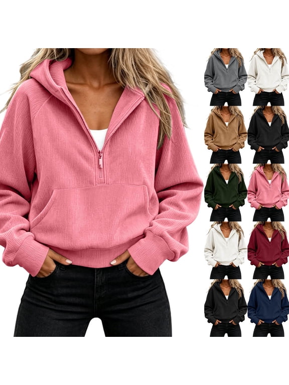 Women's Half Zip Hoodie Cropped Sweatshirt Long Sleeve Activewear Workout Causal Pullover Top with Pocket Pink XL